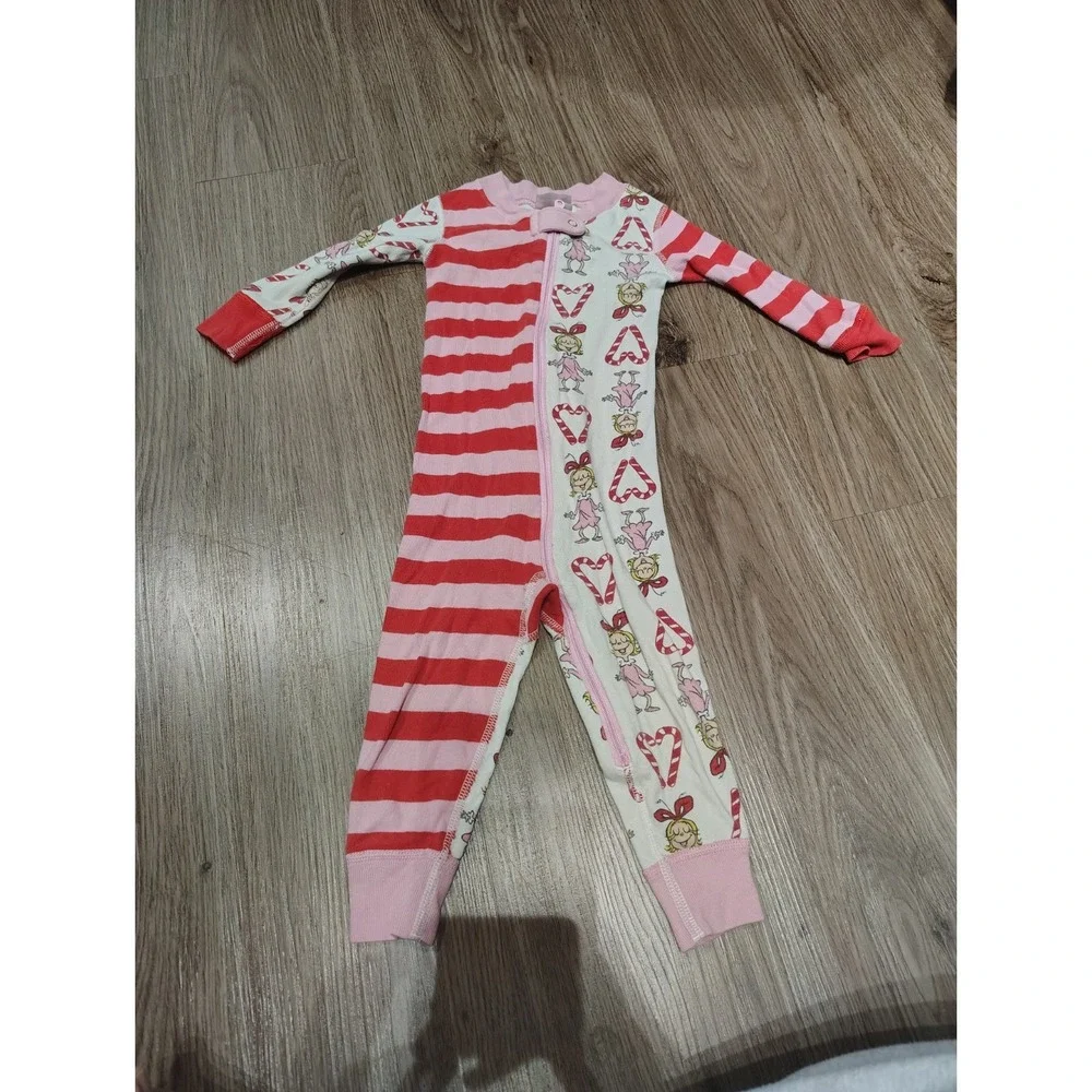 Hanna Andersson Grinch Pajamas 18-24M Organic Cotton Pink Candy Cane One Piece